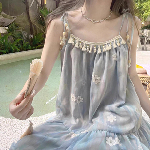 贝壳海星吊带连衣裙女夏度假风扎染碎花长裙海边防晒外搭罩衫