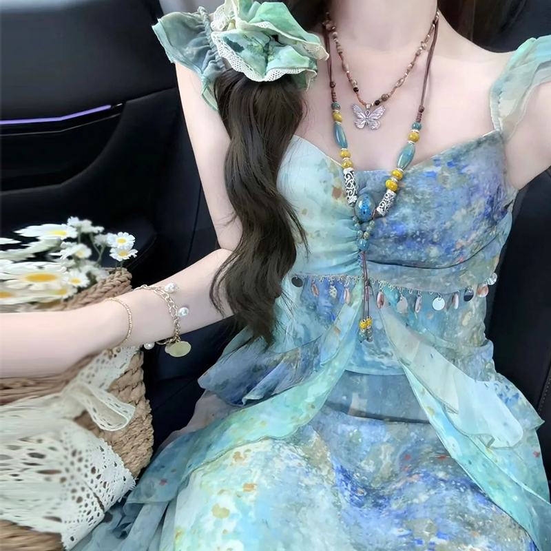 莫奈花园不规则荷叶边碎花连衣裙