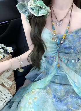 桔梗法式碎花连衣裙女夏设计感小众莫奈油画裙云南穿搭海边茶歇裙