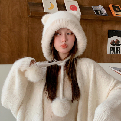 水貂毛可爱小熊帽女士秋冬新品