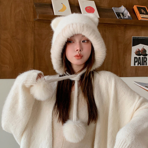 水貂毛可爱小熊帽女士秋冬新品