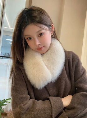 韩国张元英同款狐狸毛围脖白色毛毛围巾双面女真皮草真毛吸扣脖套