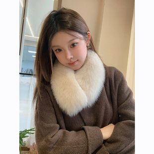 韩国张元英同款狐狸毛围脖白色毛毛围巾双面女真皮草真毛吸扣脖套
