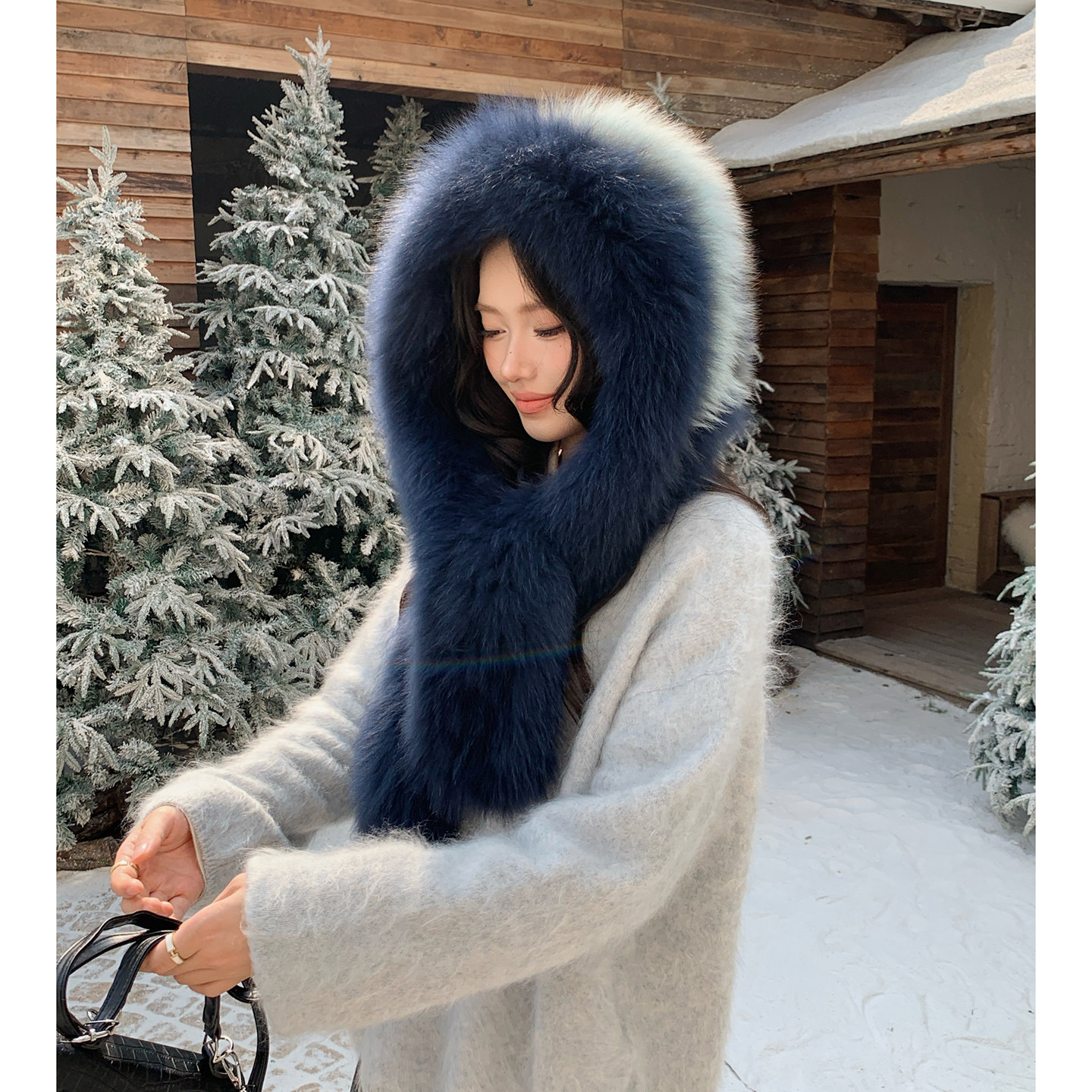 走秀款暮蓝色狐狸毛双面编织帽子围巾一体连体风雪帽护耳保暖女冬