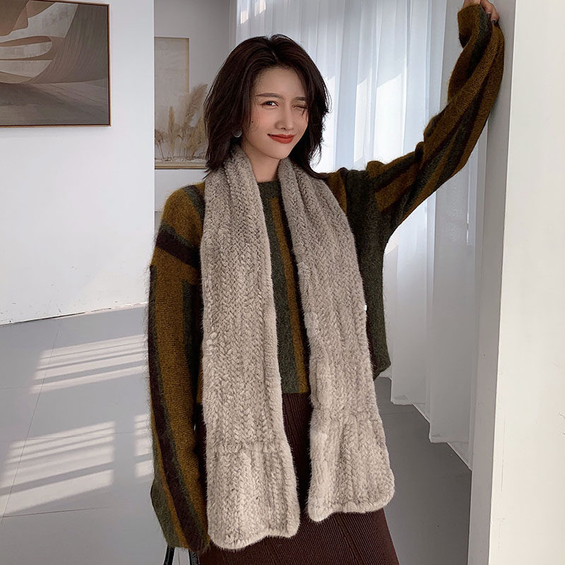 秋冬季高密水貂编织围巾保暖皮草围脖加厚长款鱼尾貂毛皮草披肩