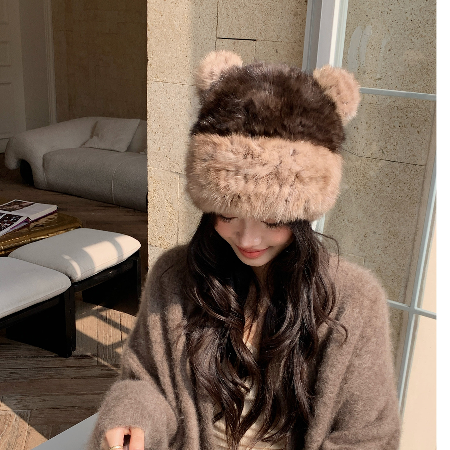 显脸小紫貂毛编织可爱米奇皮草帽子冬季新品保暖水貂毛帽减龄护耳