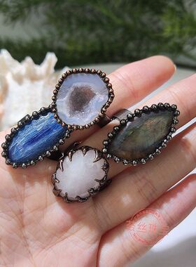 天然玛瑙晶洞水晶戒指 拉长石食指戒指环 男女情侣款手饰