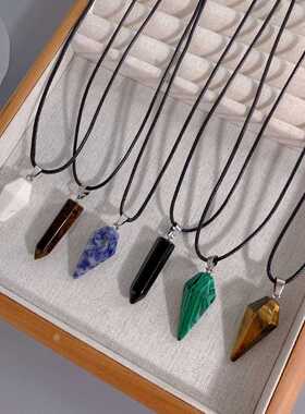 跨境热卖天然石水晶吊坠六角锥圆锥菱形锁骨链ebsy速卖通饰品配