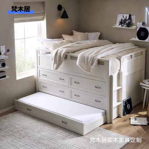 美式儿童房多功能全实木半高床定制环保小户型抽屉高箱储物组合柜