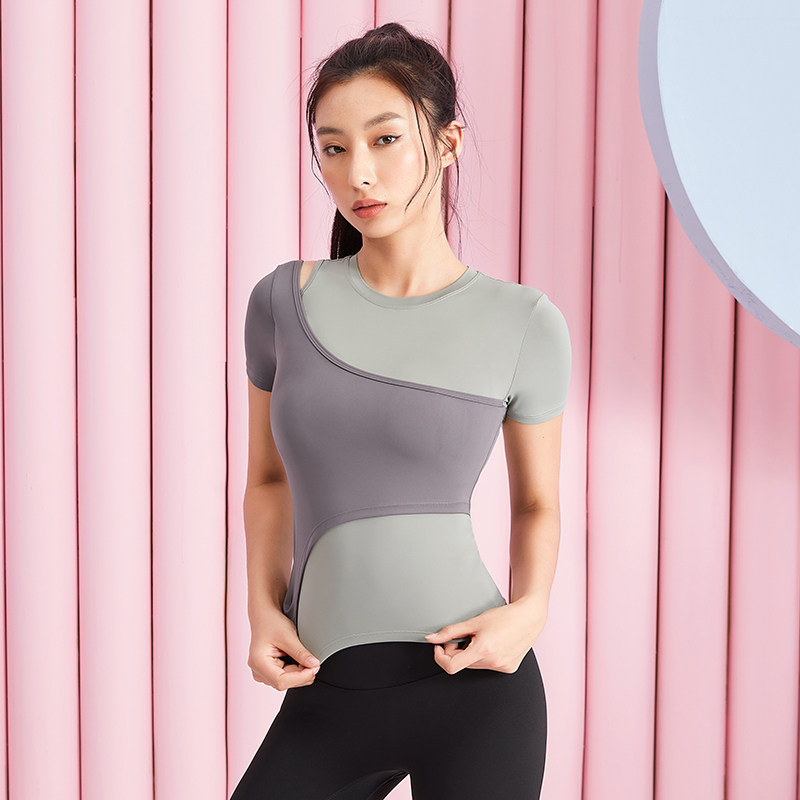 健身上衣女夏季修身显瘦拼接运动T恤跑步专业训练弹力瑜伽服短袖