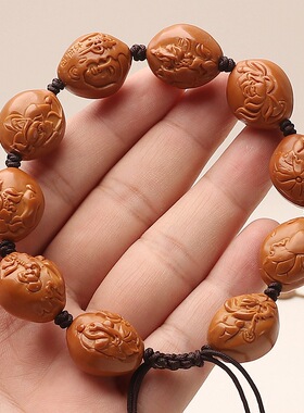 天然小籽铁核浮雕文玩光背无相佛橄榄核莲花手串男士手工雕刻单圈