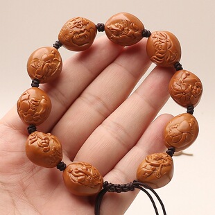 天然小籽铁核浮雕文玩光背无相佛橄榄核莲花手串男士手工雕刻单圈