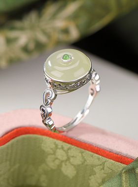 高级感S925纯银和田玉平安扣戒指