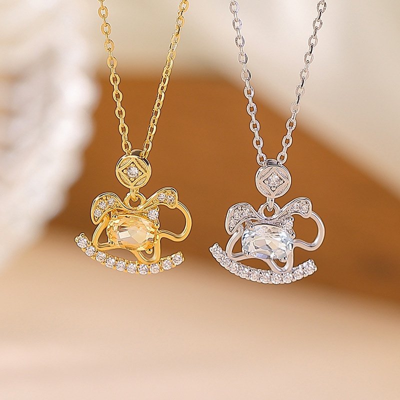 马年S925纯银镀金黄水晶海蓝宝可爱摇摇马生肖马吊坠项链银套链女