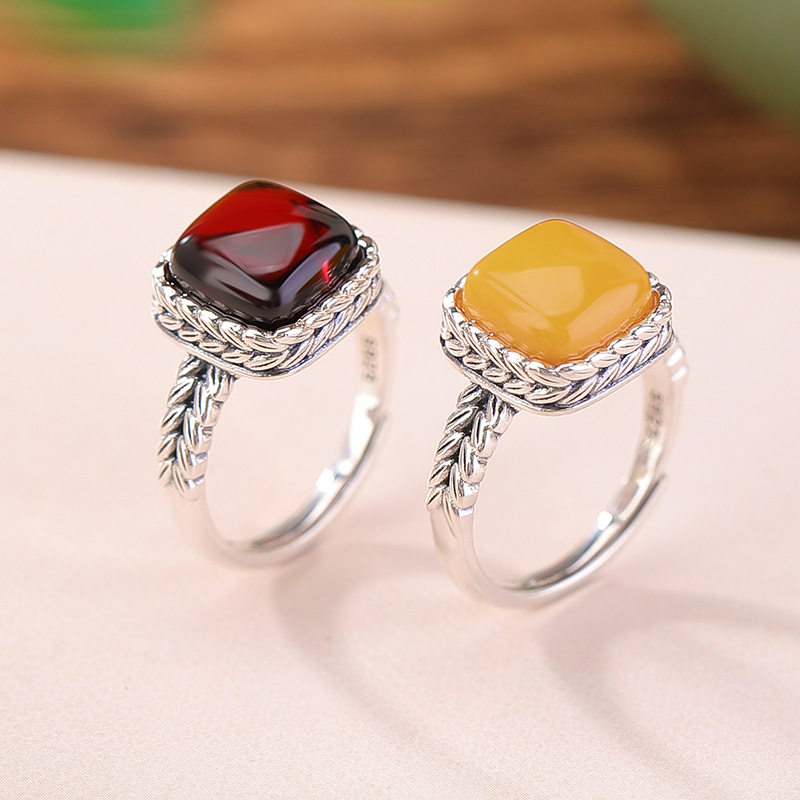 轻奢高级感s925纯银蜜蜡血珀复古做旧国潮麦穗方形戒指女小众设计