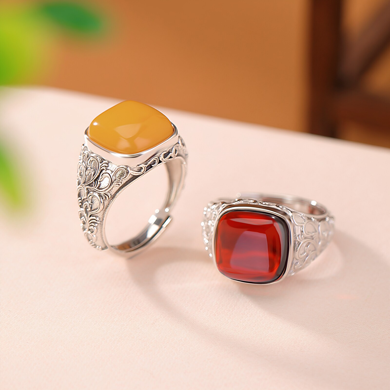 轻奢高级感s925纯银蜜蜡血珀复古新中式吉祥花纹方形戒指女食指戒