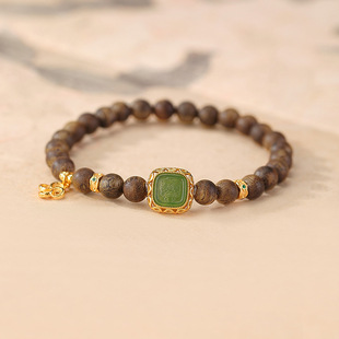 轻奢高级感纯银镀金和田玉碧玉沉香镂空扎基拉姆圆珠手串女士手链