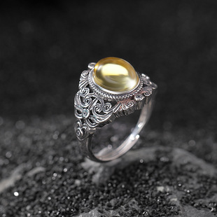 轻奢高级感天然黄水晶S925纯银复古卷草纹扭纹蛋面椭圆镂空戒指女
