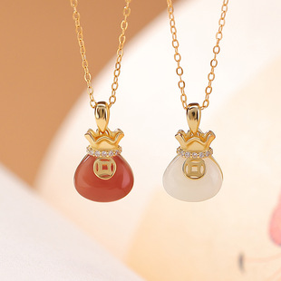 轻奢S925纯银镀金晴水玉水红南红玛瑙铜钱福袋吉祥百搭吊坠项链女