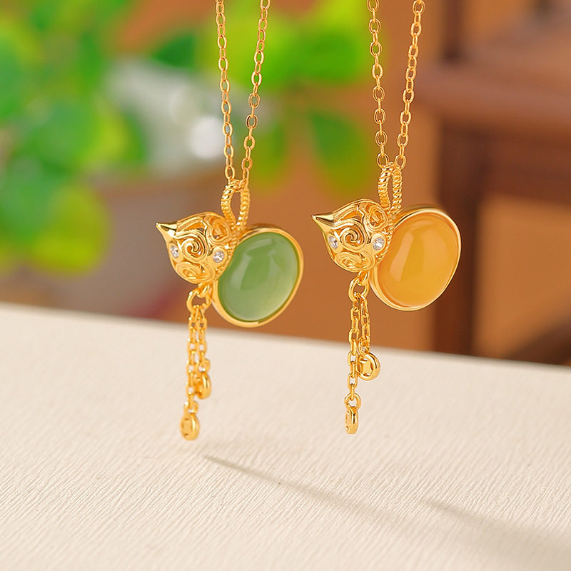 轻奢高级感s925纯银和田玉碧玉蜜蜡祥云镂空葫芦吊坠女款项链配饰