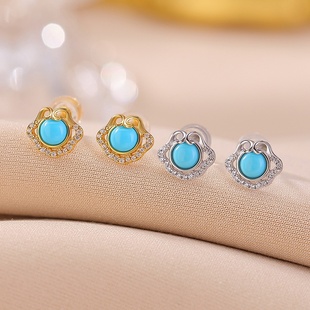 原矿绿松石S925纯银镀金时尚轻奢如意圆珠耳钉复古风新中式耳饰女