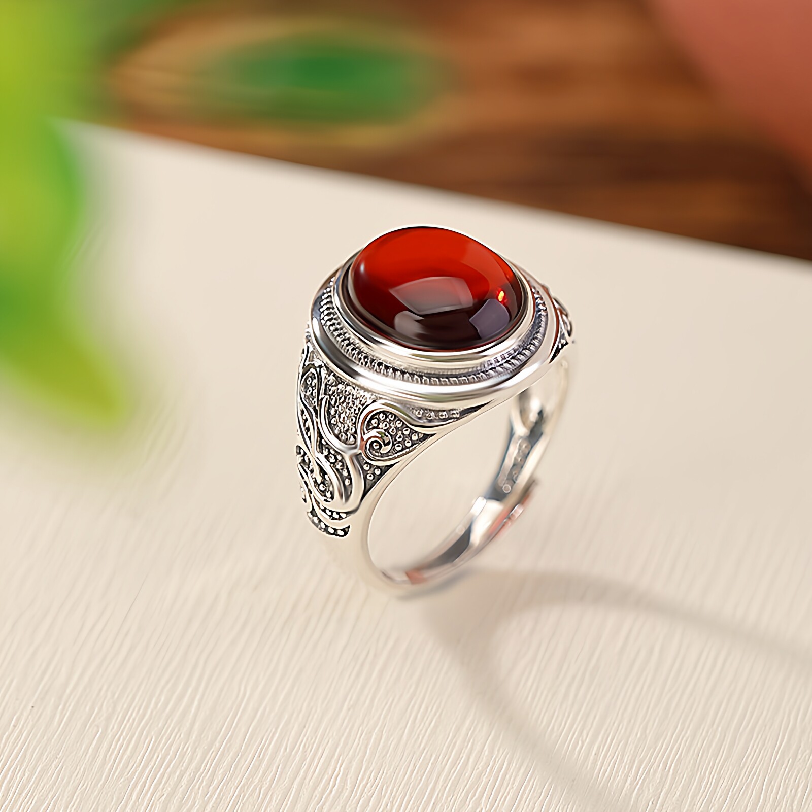 大气场女王戒s925纯银血珀复古做旧吉祥龙纹蛋面戒指国潮风食指戒
