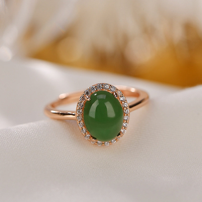 轻奢高级感s925纯银镀玫瑰金和田碧玉小众设计气质圆珠蛋面女戒指