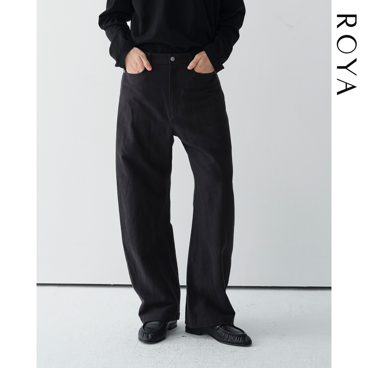 ROYA | 法国进口雨露麻有机棉亚麻混纺亚银撞钉弯刀休闲裤