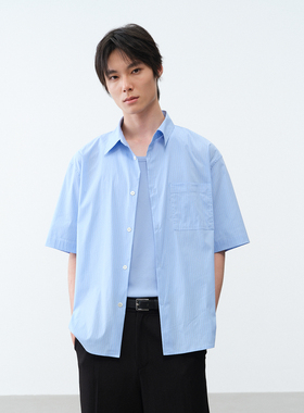 ROYA |浅蓝细条纹轻薄短袖衬衫 夏季新品干爽轻盈松弛通勤
