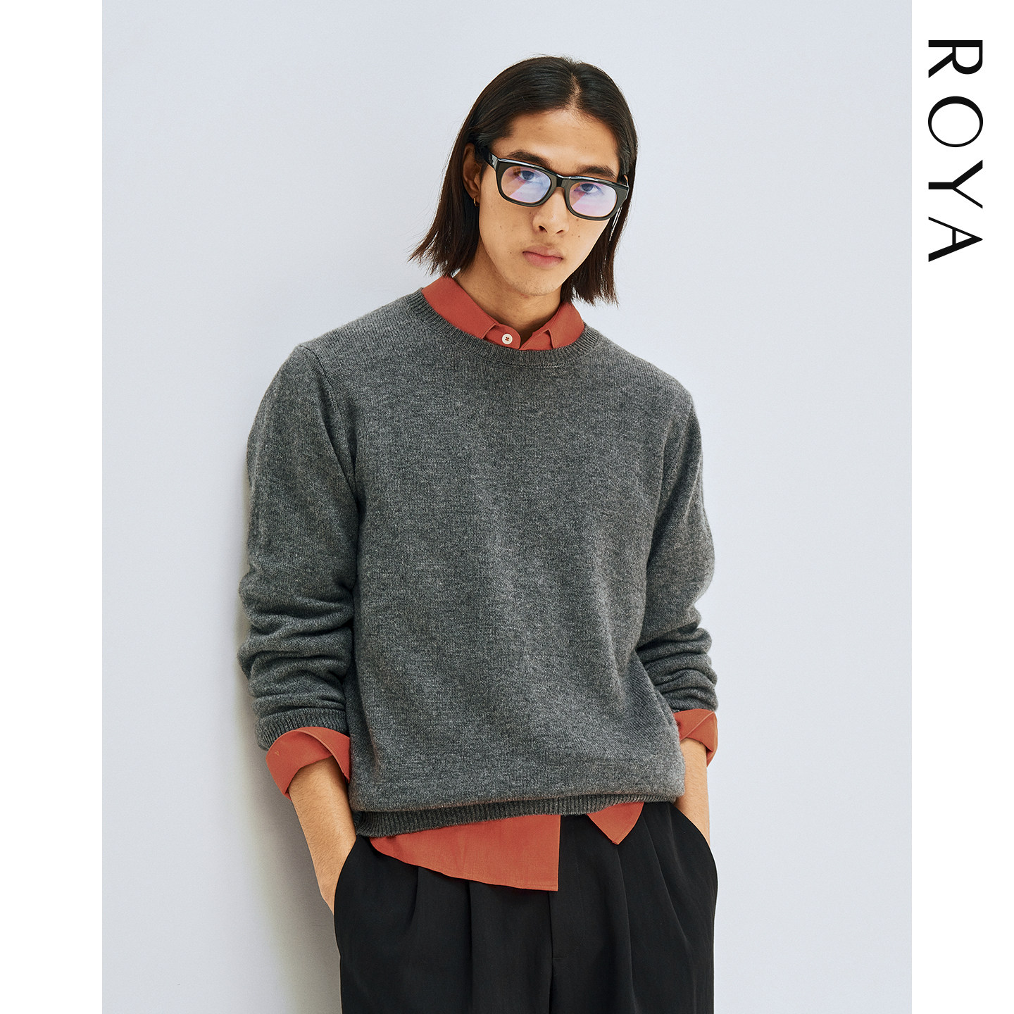 ROYA丨山羊绒羊毛混纺圆领毛衣男秋冬针织衫花灰高质羊绒内搭