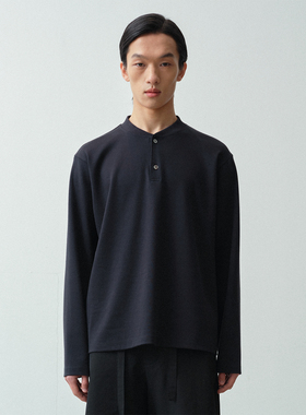 ROYA丨长绒棉亨利领长袖T恤天然贝壳扣细腻光泽舒适短款宽廓形