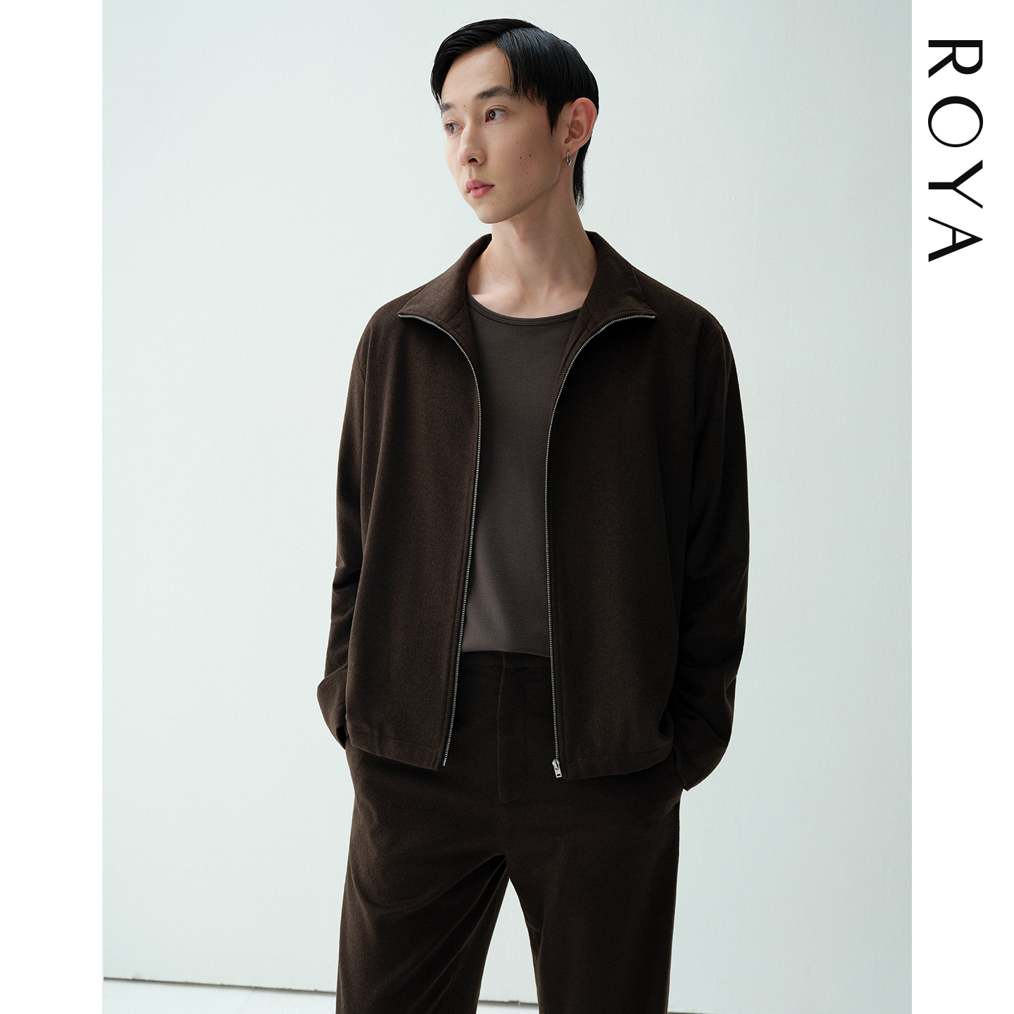 ROYA | 羊驼毛羊毛混纺休闲花纱立领拉链夹克