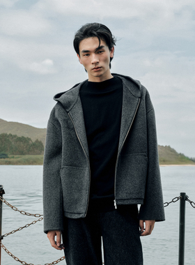 ROYA | 山羊绒羊毛混纺双面呢大衣重磅连帽短款宽松休闲毛呢外套