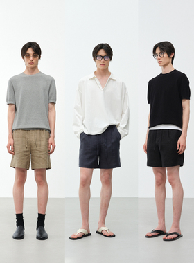 ROYA | 100%亚麻双褶露膝五分松紧抽绳宽松休闲短裤 夏季新品