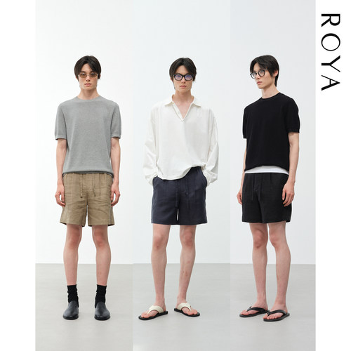 ROYA | 100%亚麻双褶露膝五分松紧抽绳宽松休闲短裤 夏季新品