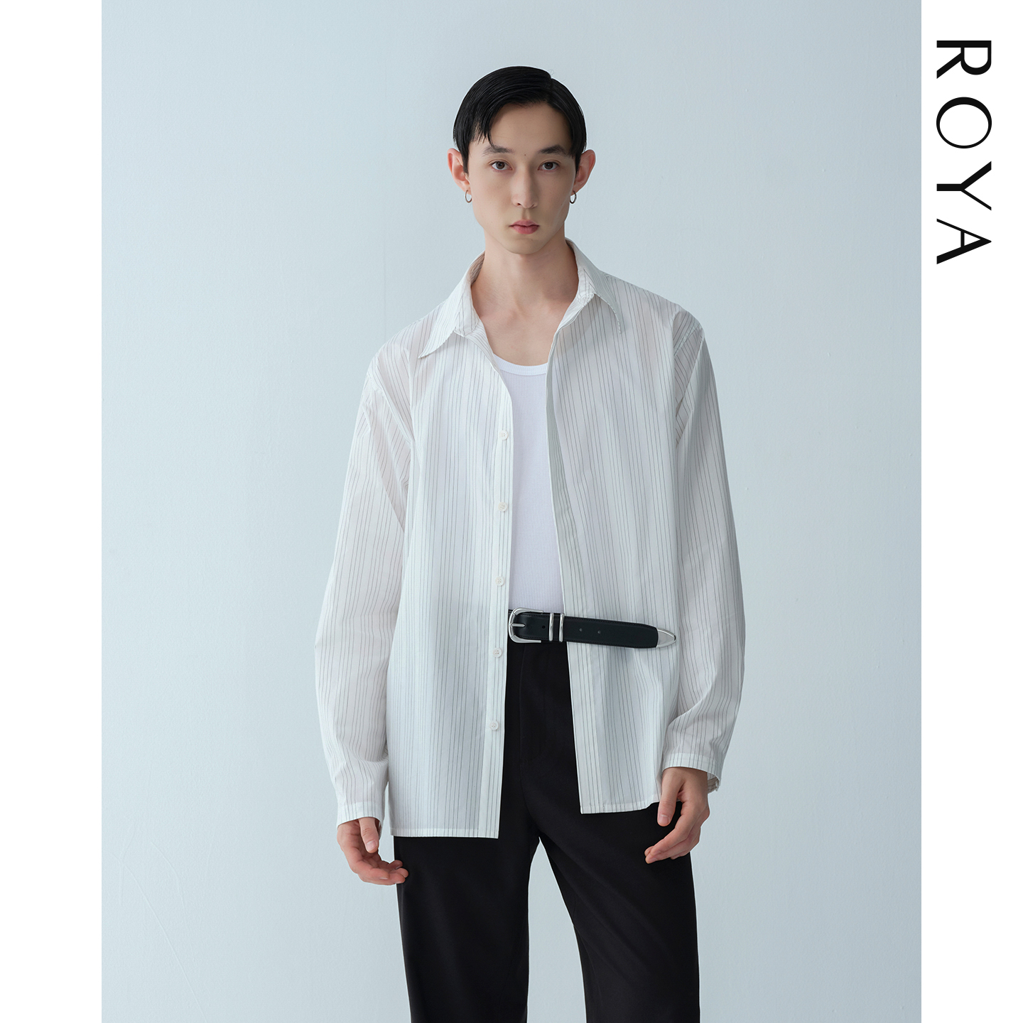 ROYA | 日本进口尼龙精梳棉混纺细条纹暗门襟翻领长袖衬衫