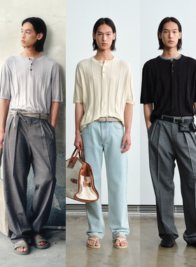 ROYA | 进口亚麻棉立体条纹提花亨利领毛织短袖针织纱T恤春夏款男