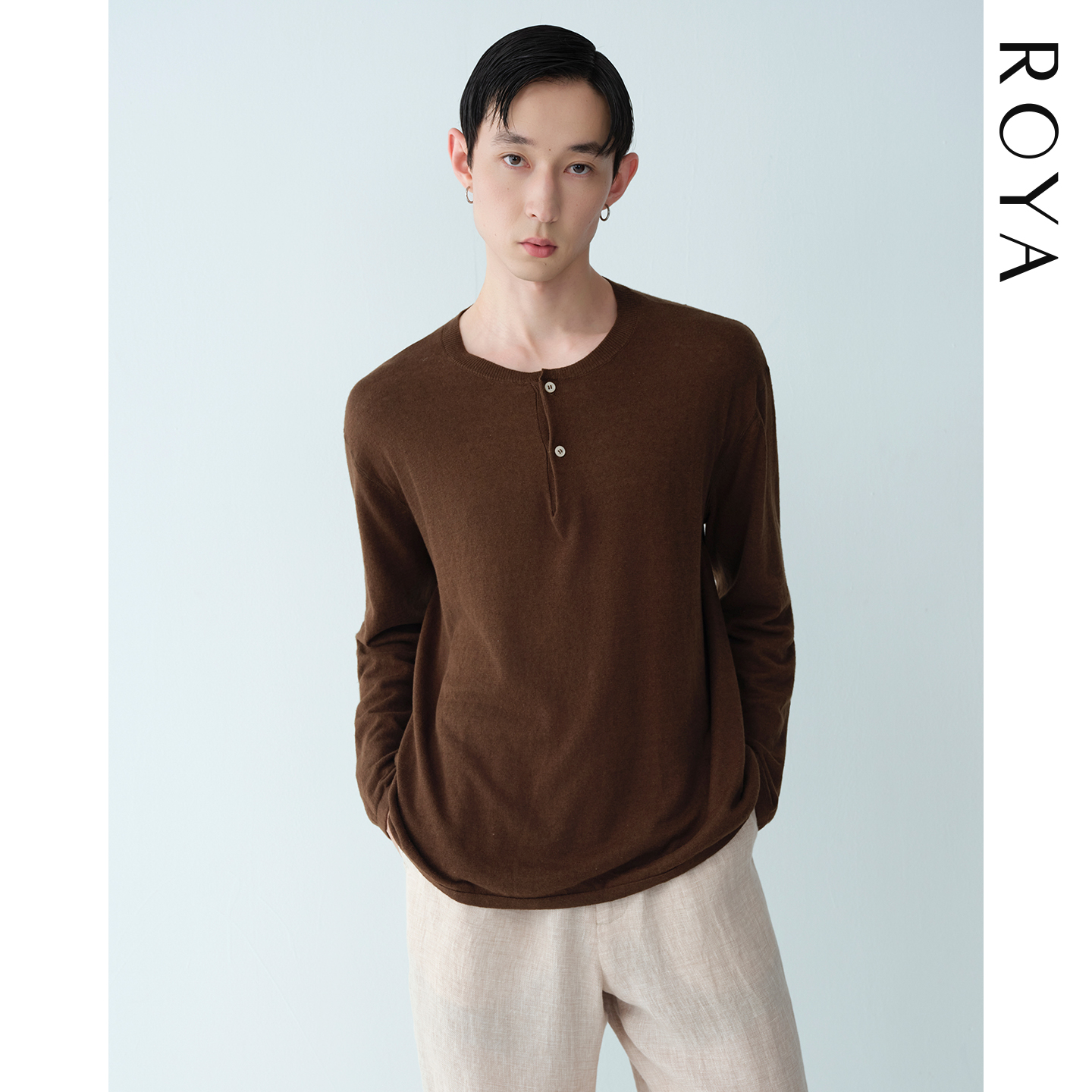ROYA | 法国进口原纱亚麻新疆长绒棉混纺毛织亨利领长袖