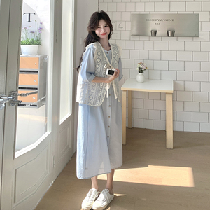 蓝色减龄蕾丝马甲休闲显瘦衬衫裙新款学生ootd连衣裙女夏图片
