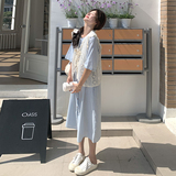 蓝色减龄蕾丝马甲休闲显瘦衬衫裙新款学生ootd连衣裙女夏，女装连衣裙，2D037