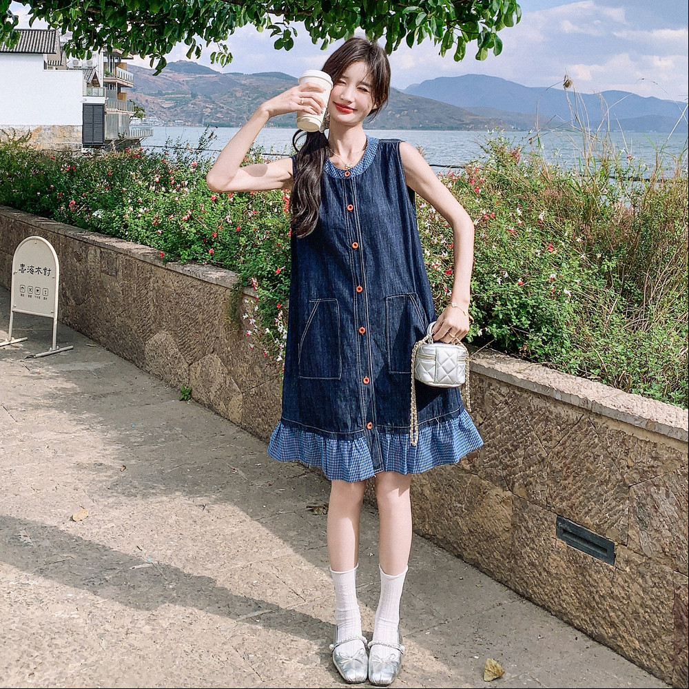 夏款新款上新【】2D037-8871-P135格子拼接牛仔背心裙,女装连衣裙,2D037