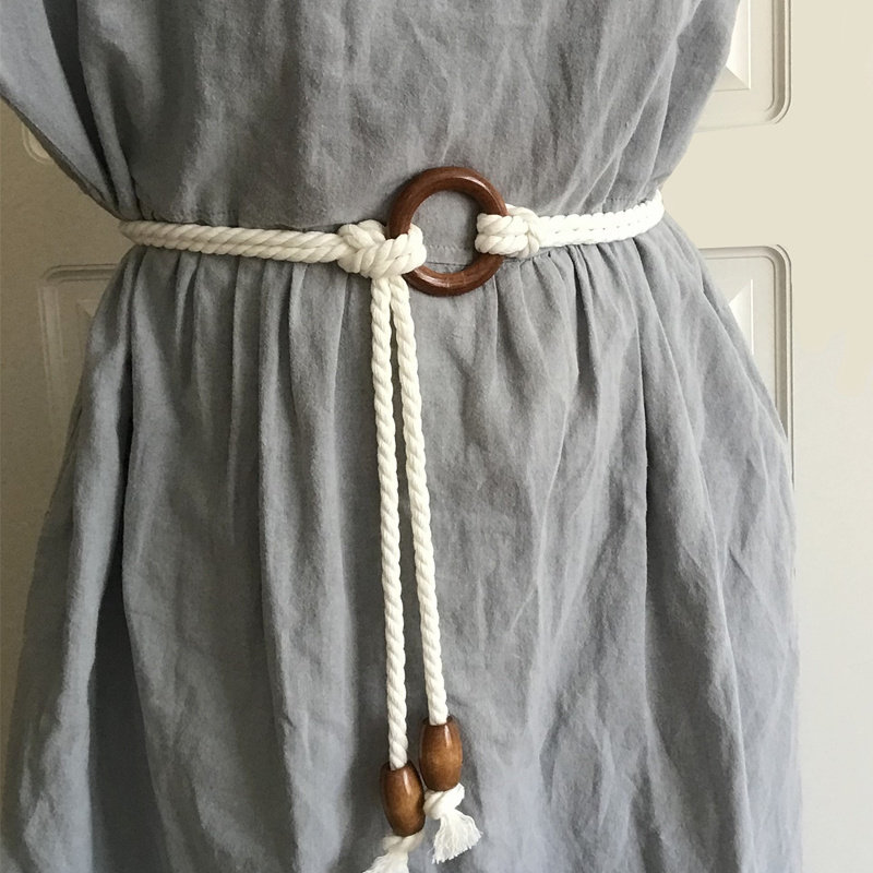 新款休闲圆扣腰带女配裙子防过敏棉麻编织打结细绳子装饰连衣裙