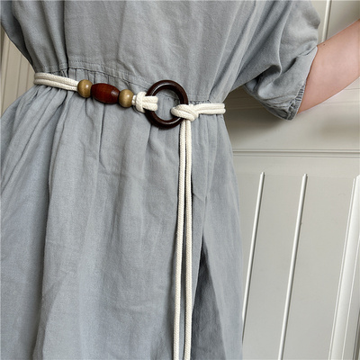 复古编织腰带女装饰连衣裙流苏民族风麻绳裙子腰绳圆扣民族风腰链