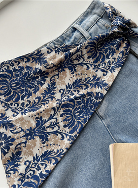 复古印花丝巾三角巾女系腰屁帘头巾装饰蓝色腰封春秋围巾冬季披肩