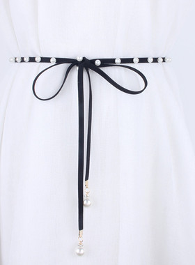 黑色腰带女装饰连衣裙子时尚韩国毛衣衬衫细皮绳打结系带珍珠腰链