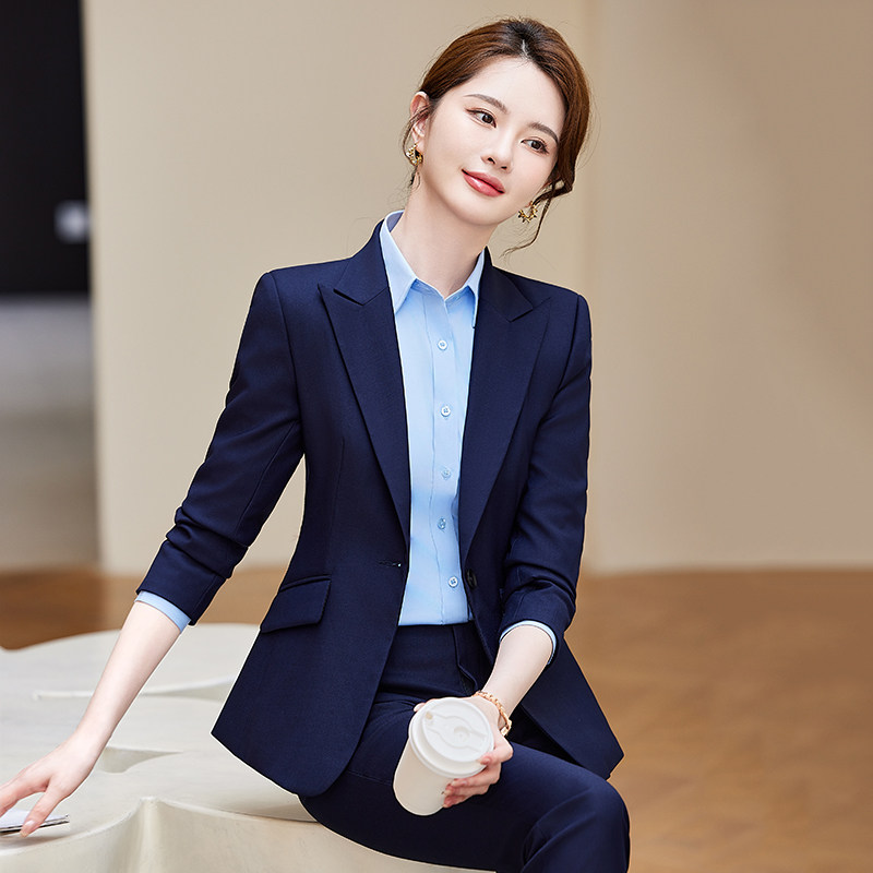 蓝色职业套装女春秋季高端公务员面试正装工作服气质女士西装外套