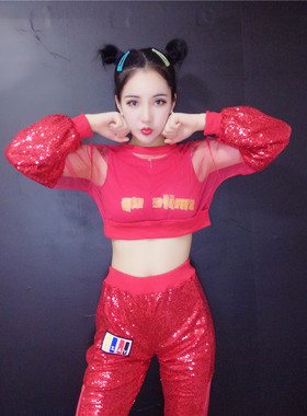 新款DSDJ演出服夜店酒吧嘻哈女歌手街舞爵士舞表演服亮片网纱套装