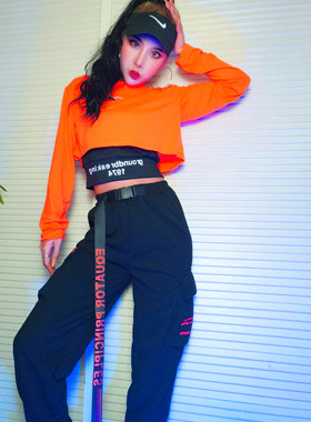 欧美新品ds演出服爵士舞街舞橙色GOGO宽松露脐jazz高腰套装舞台装