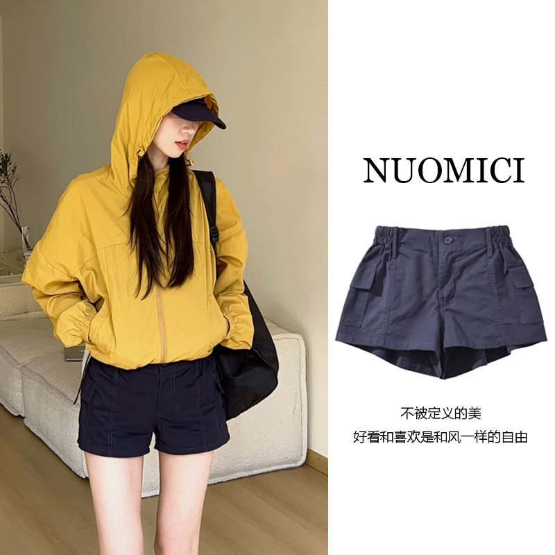 辣妹工装风翻边口袋休闲超短裤度假风基础松紧腰时尚百搭运动热裤