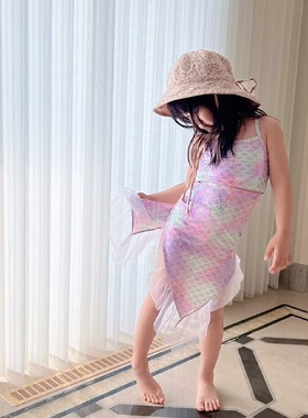 Lacucukids美人鱼速干防晒儿童分体泳衣纱裙吊带短袖连体中大童